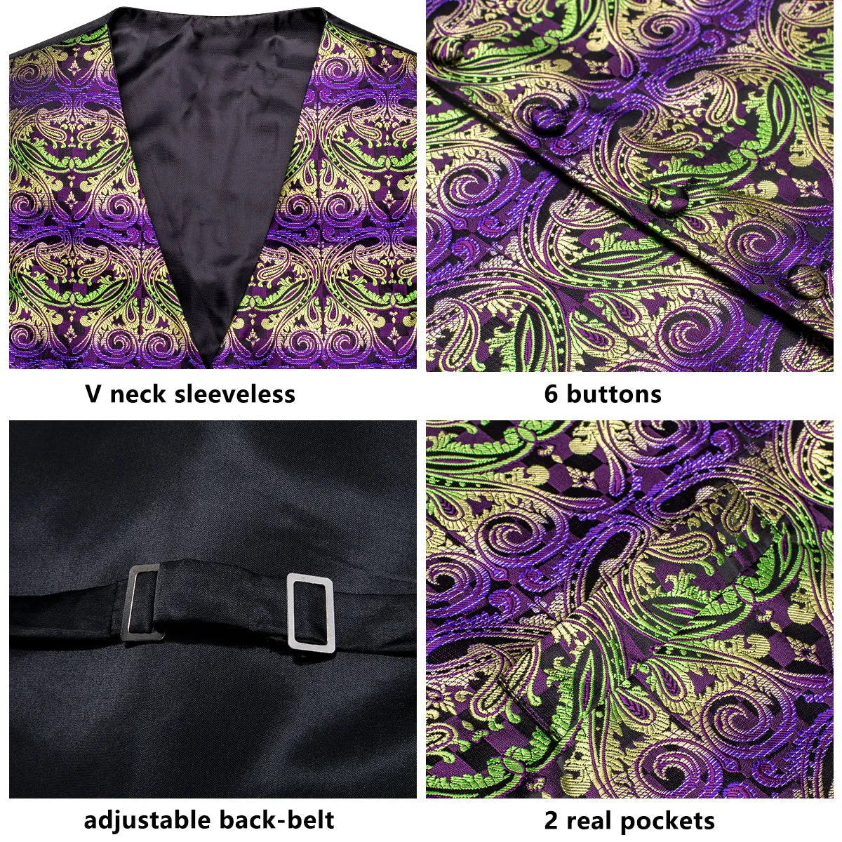 Green Purple Gradient Paisley Jacquard Silk Men's Vest Hanky Cufflinks Tie Set