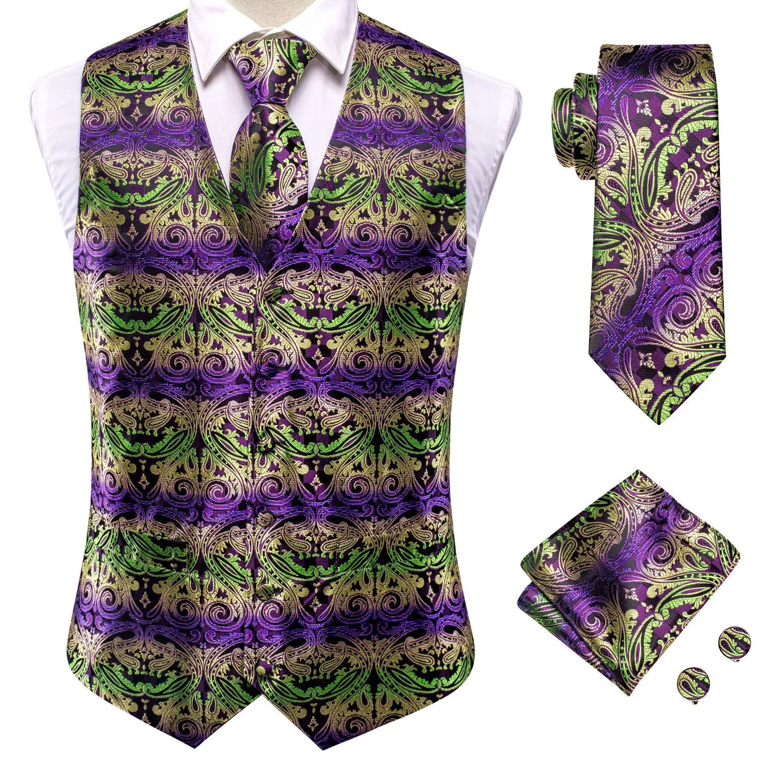 Green Purple Gradient Paisley Jacquard Silk Men's Vest Hanky Cufflinks Tie Set