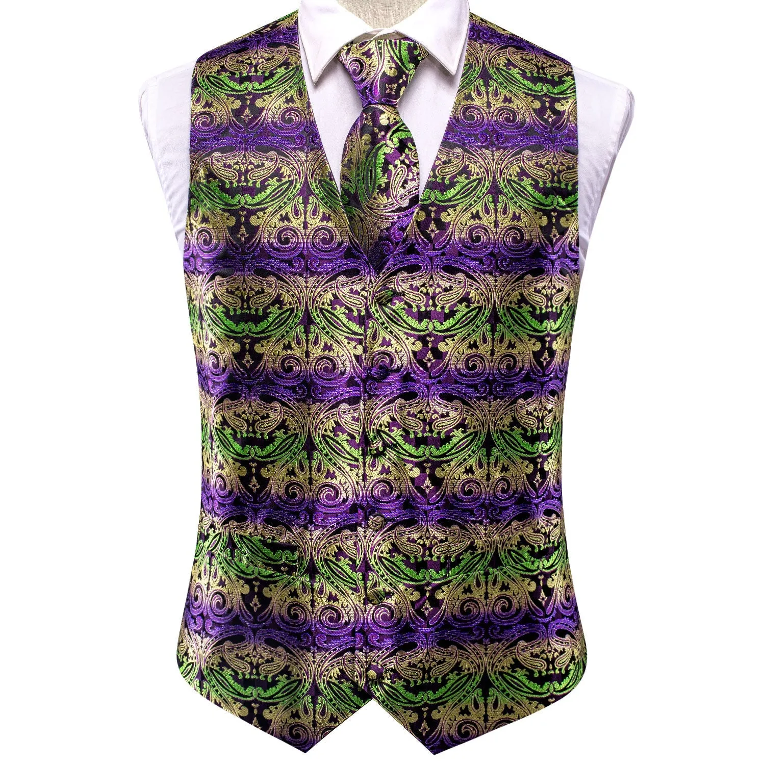 Green Purple Gradient Paisley Jacquard Silk Men's Vest Hanky Cufflinks Tie Set