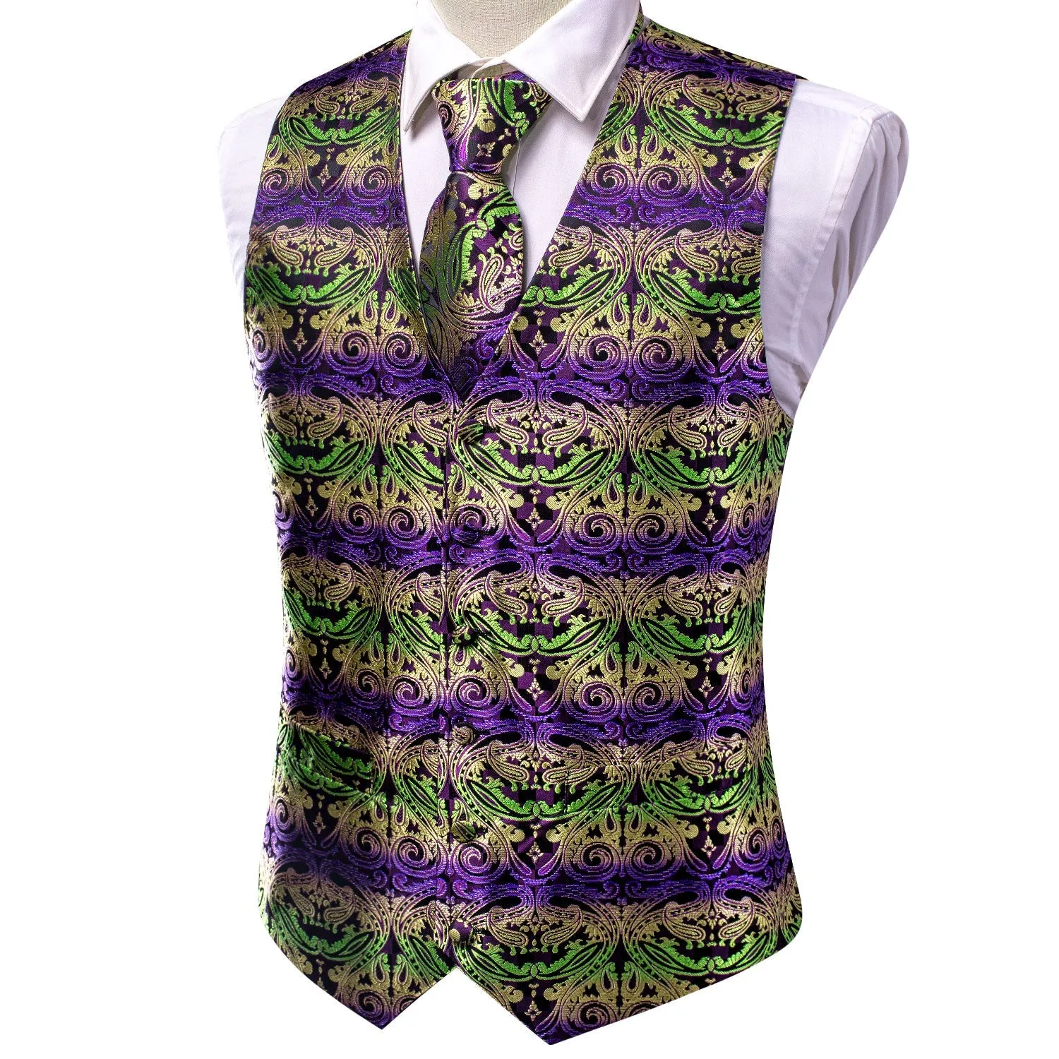 Green Purple Gradient Paisley Jacquard Silk Men's Vest Hanky Cufflinks Tie Set