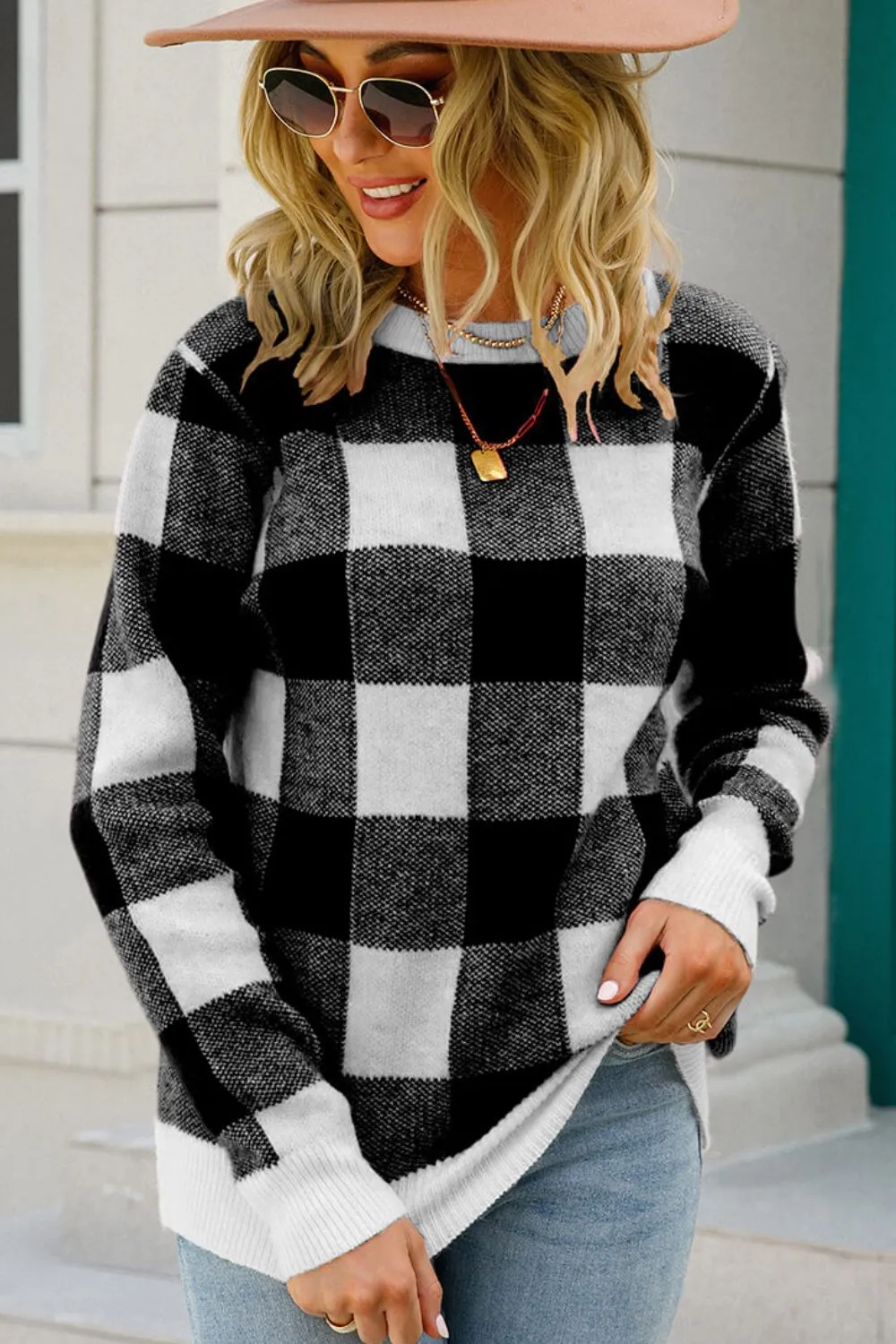 Holiday Cheer Checkered Ribbed Trim Knit Pullover