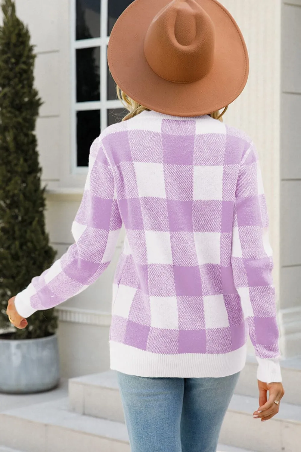 Holiday Cheer Checkered Ribbed Trim Knit Pullover