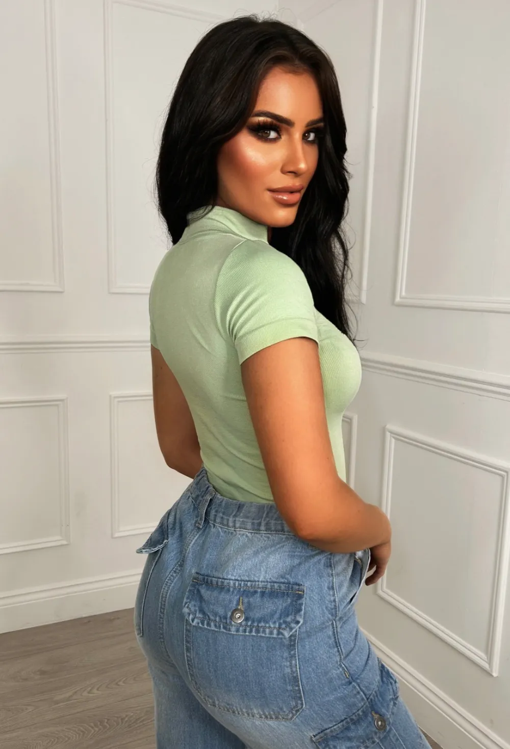 Leave It To You Green Ribbed Zip Up Bodysuit
