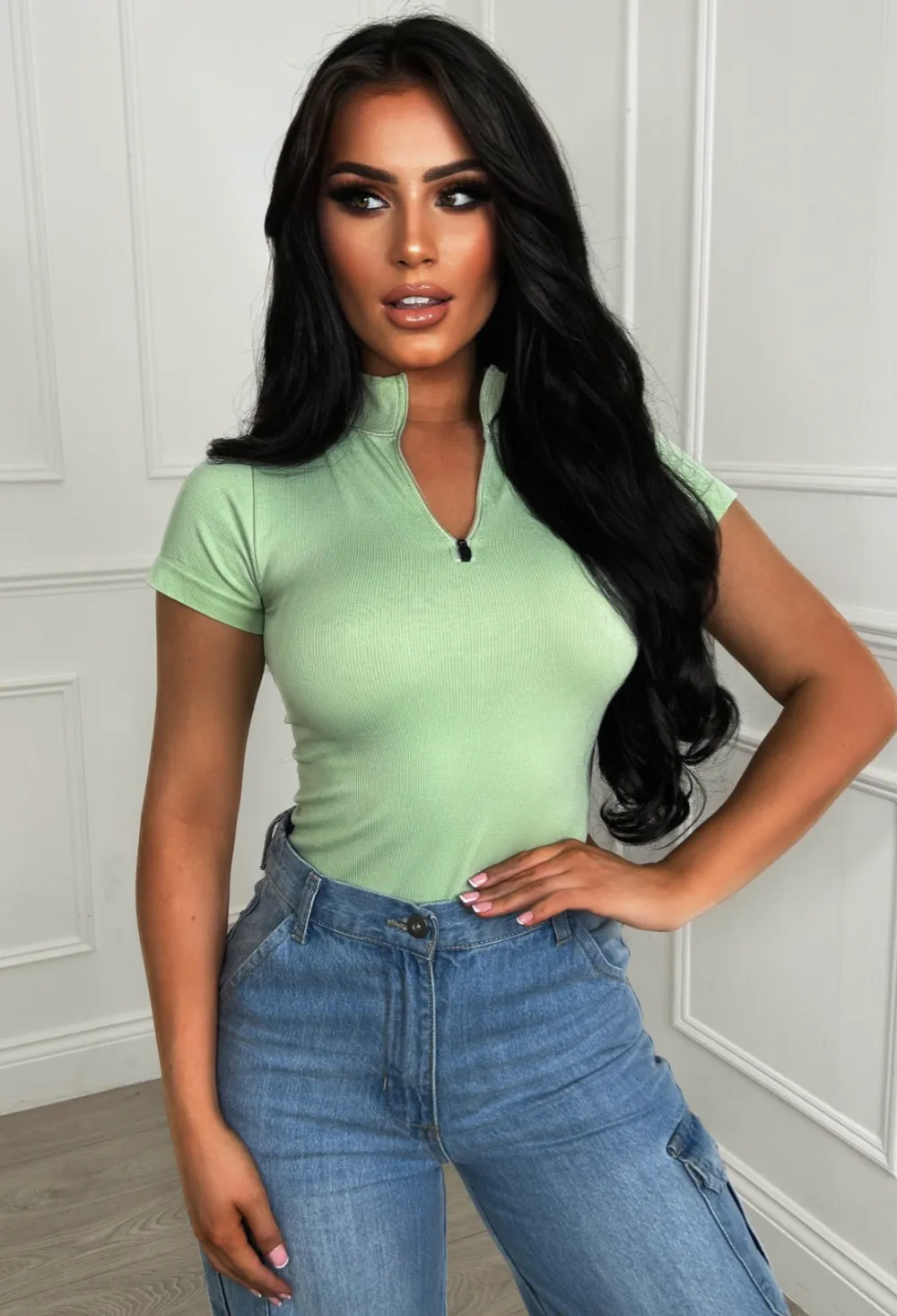 Leave It To You Green Ribbed Zip Up Bodysuit