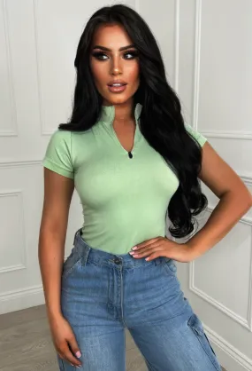 Leave It To You Green Ribbed Zip Up Bodysuit