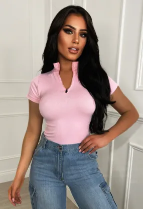 Leave It To You Pink Ribbed Zip Up Bodysuit