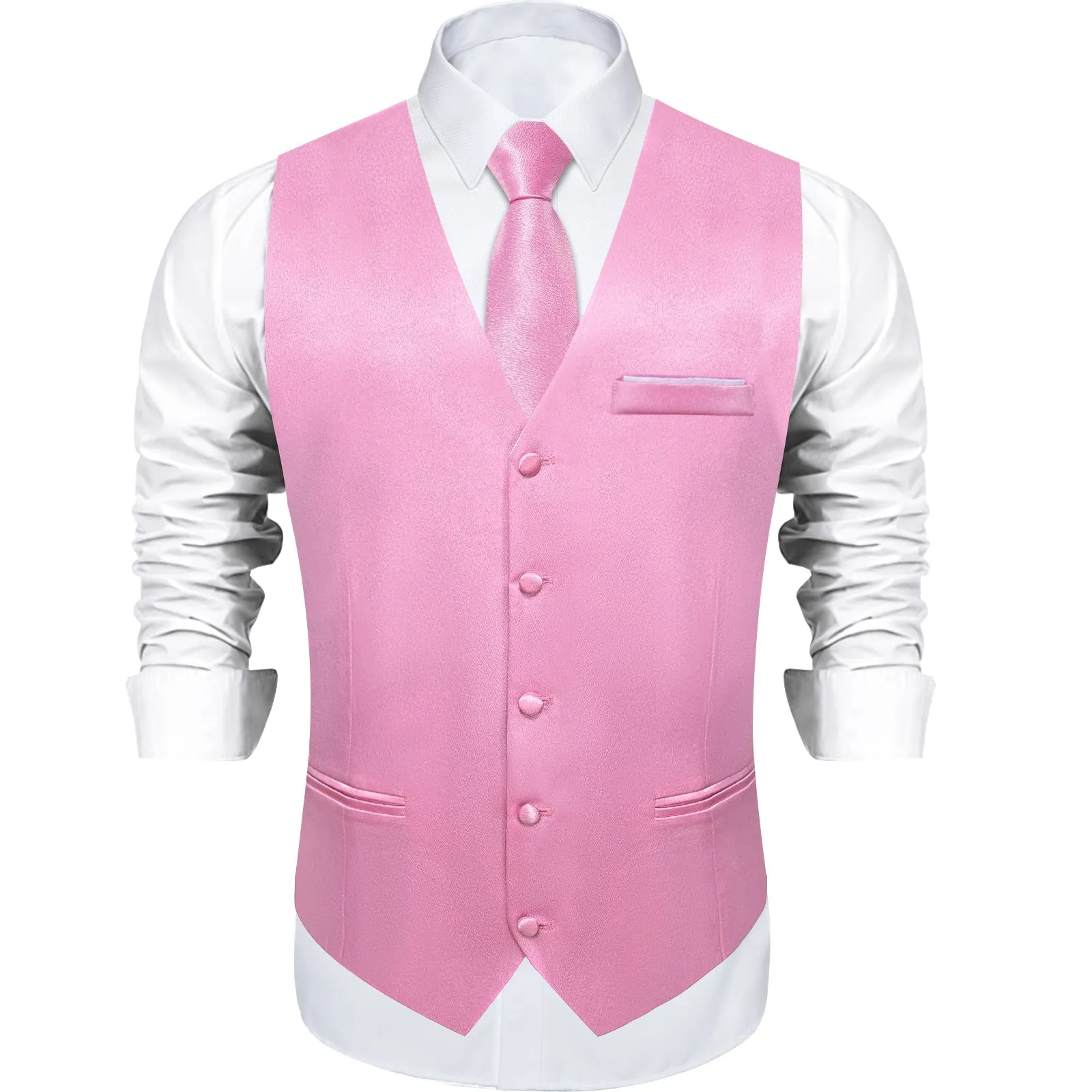 Light Pink Solid Shining Silk Formal Men's Vest Hanky Cufflinks Tie Set
