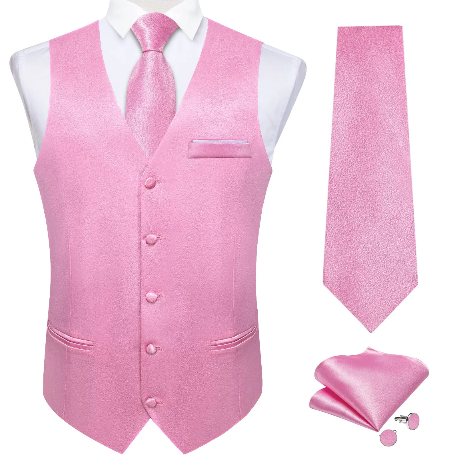Light Pink Solid Shining Silk Formal Men's Vest Hanky Cufflinks Tie Set
