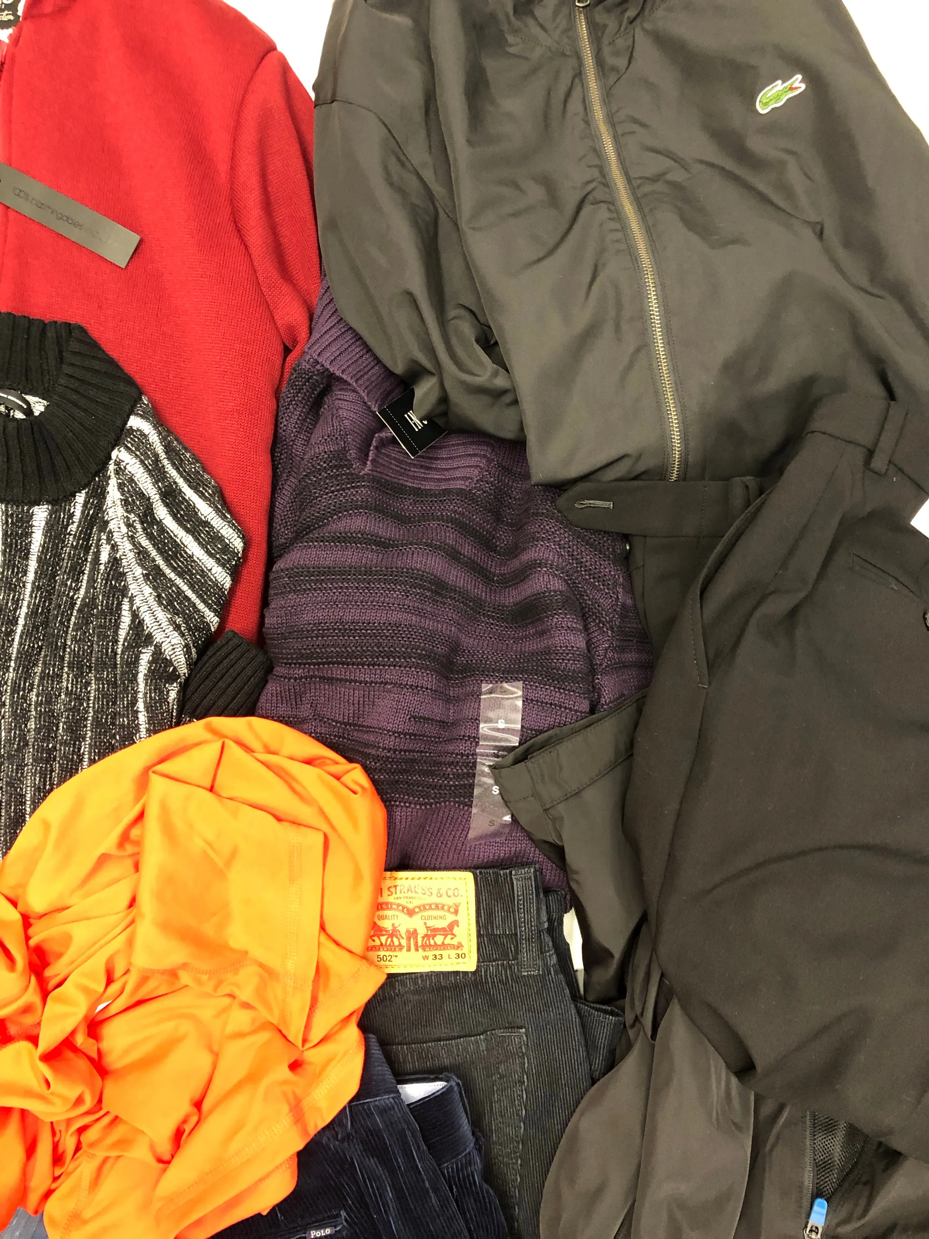 Men's Clothing ASSORTED Wholesale Lot, LACOSTE, NAUTICA, POLO RALPH LAUREN, MICAHEL KORS, LEVI'S, ADIDAS, INC and more 15 Units, Shelf Pulls, MSRP $1,365