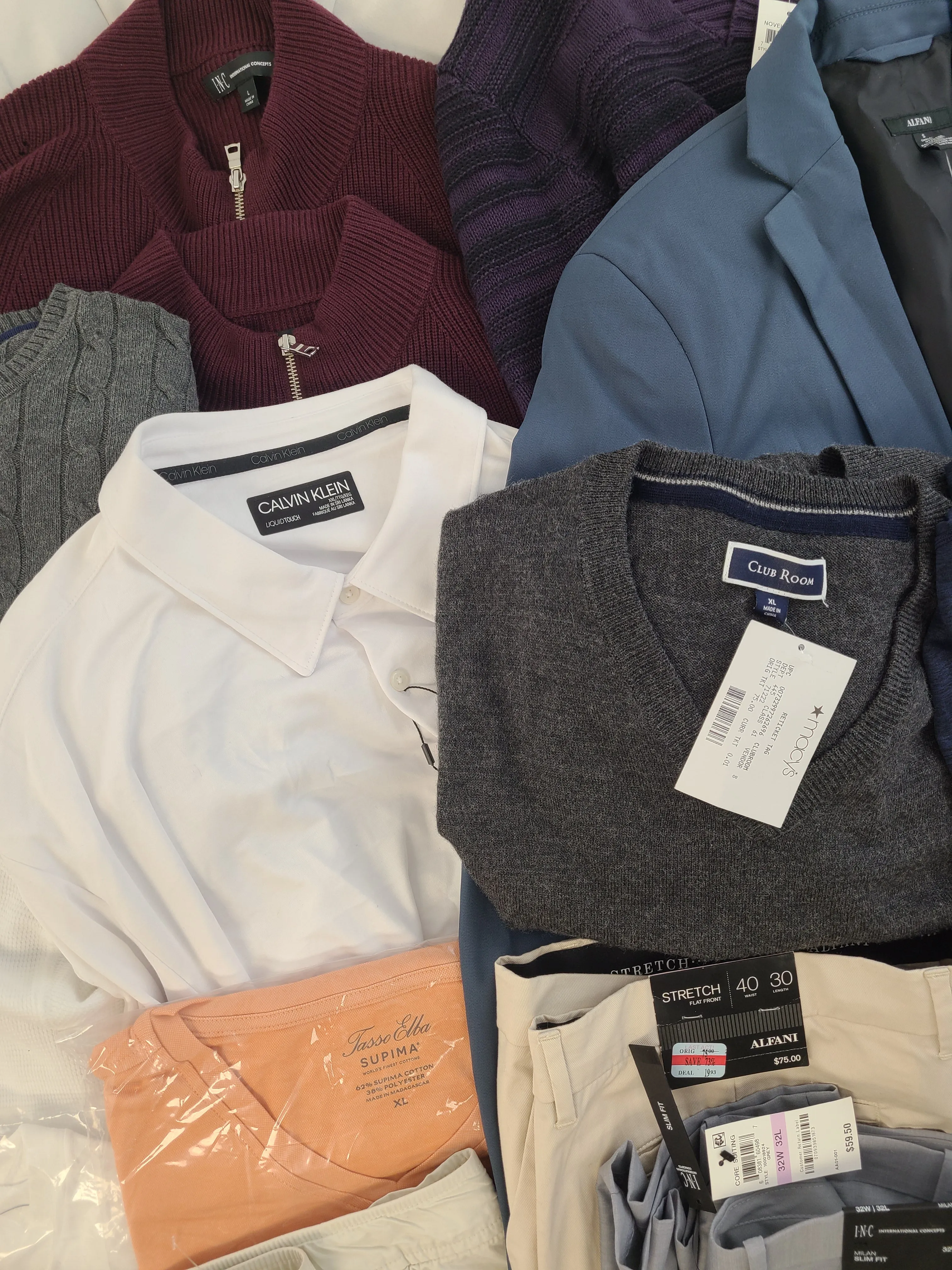 Men's Clothing Wholesale Lot POLO RALPH LAUREN, CALVIN KLEIN, DKNY, Tasso Elba, CLUB ROOM, ALFANI, IDEOLOGY and more, 25 Units, Shelf Pulls, MSRP $1,743