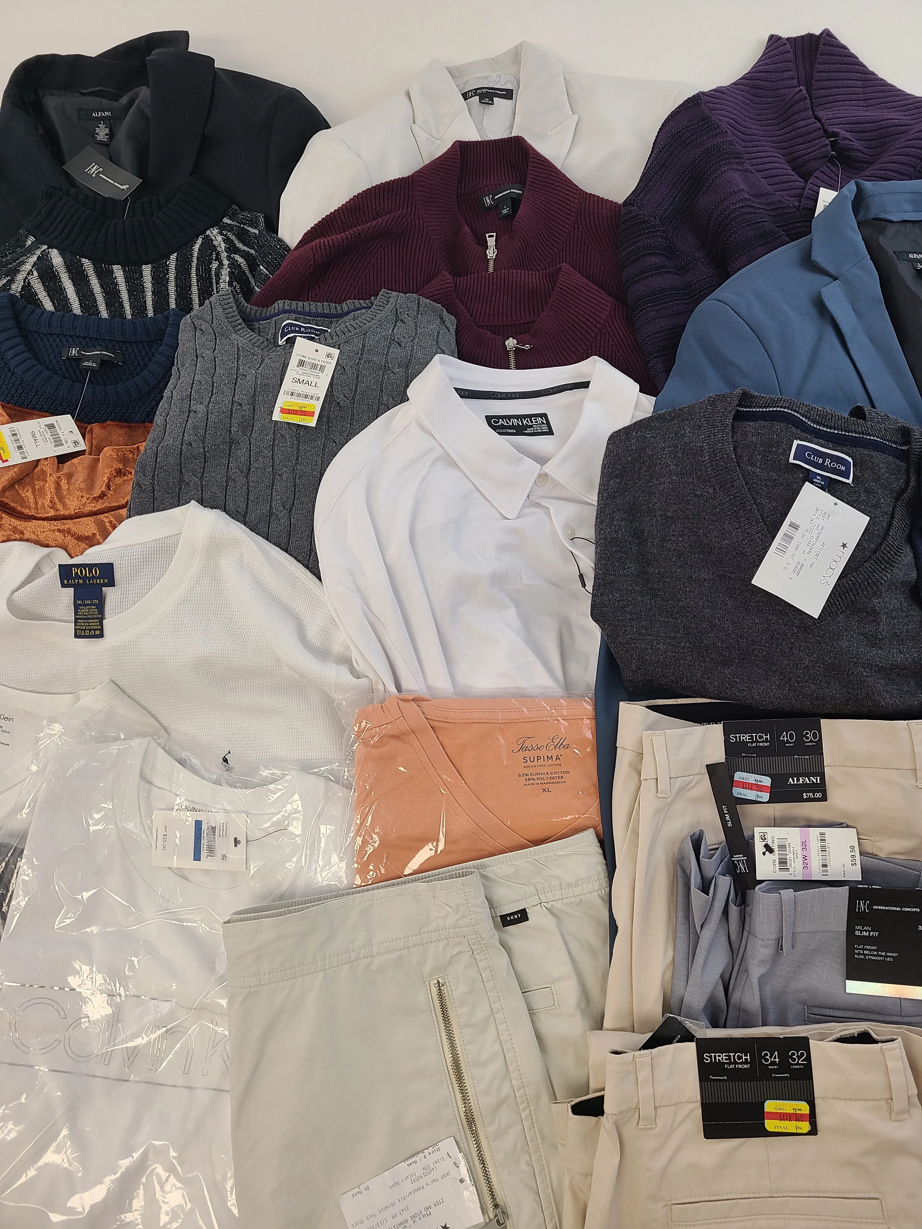 Men's Clothing Wholesale Lot POLO RALPH LAUREN, CALVIN KLEIN, DKNY, Tasso Elba, CLUB ROOM, ALFANI, IDEOLOGY and more, 25 Units, Shelf Pulls, MSRP $1,743