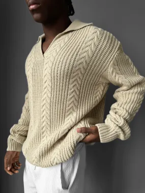 Oversize Braided Structure Polo Sweater - Stone