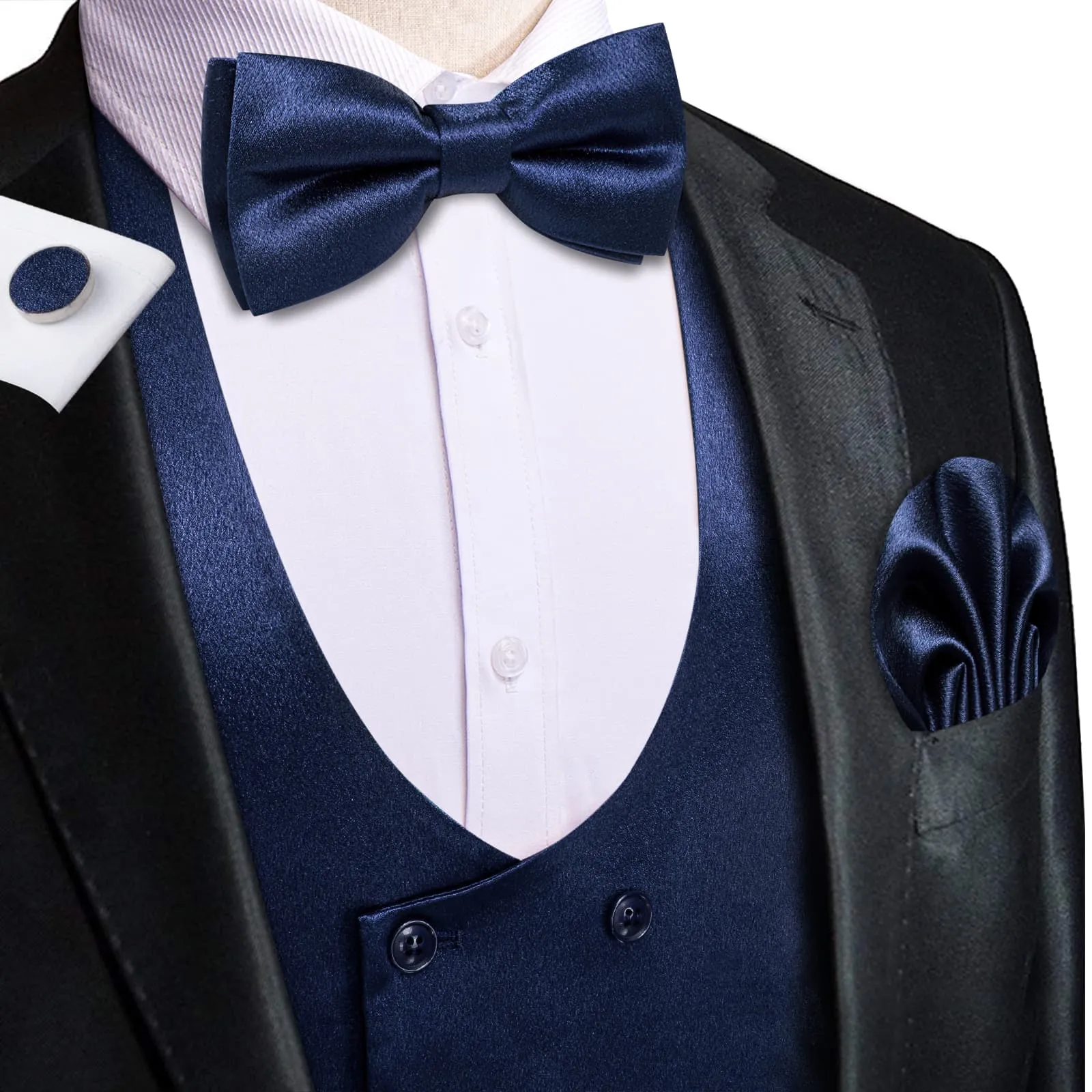 Ties2you Double Breasted Vest Dark Midnight-Blue Solid Mens Silk Vest Tie Bowtie Set 5PC