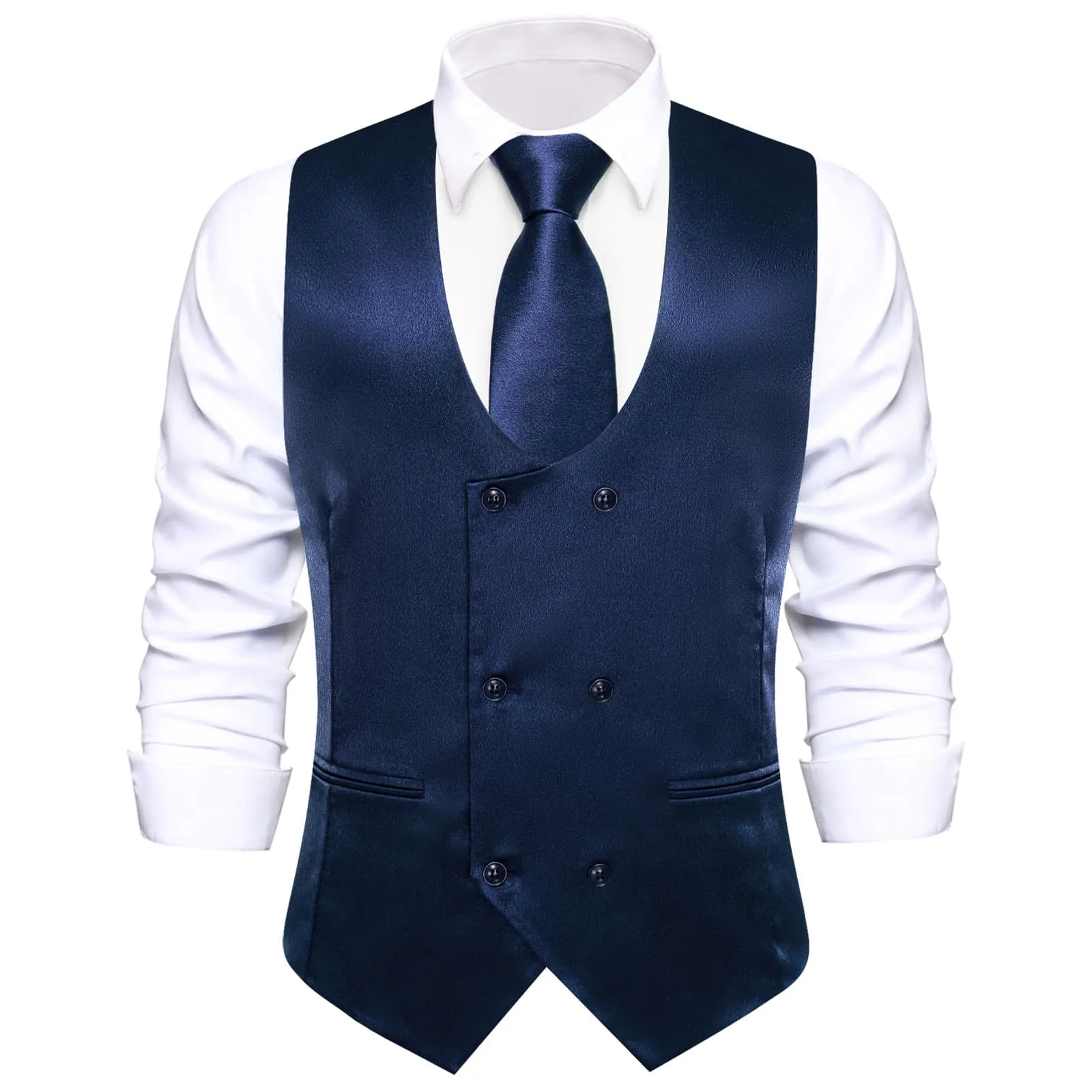 Ties2you Double Breasted Vest Dark Midnight-Blue Solid Mens Silk Vest Tie Bowtie Set 5PC