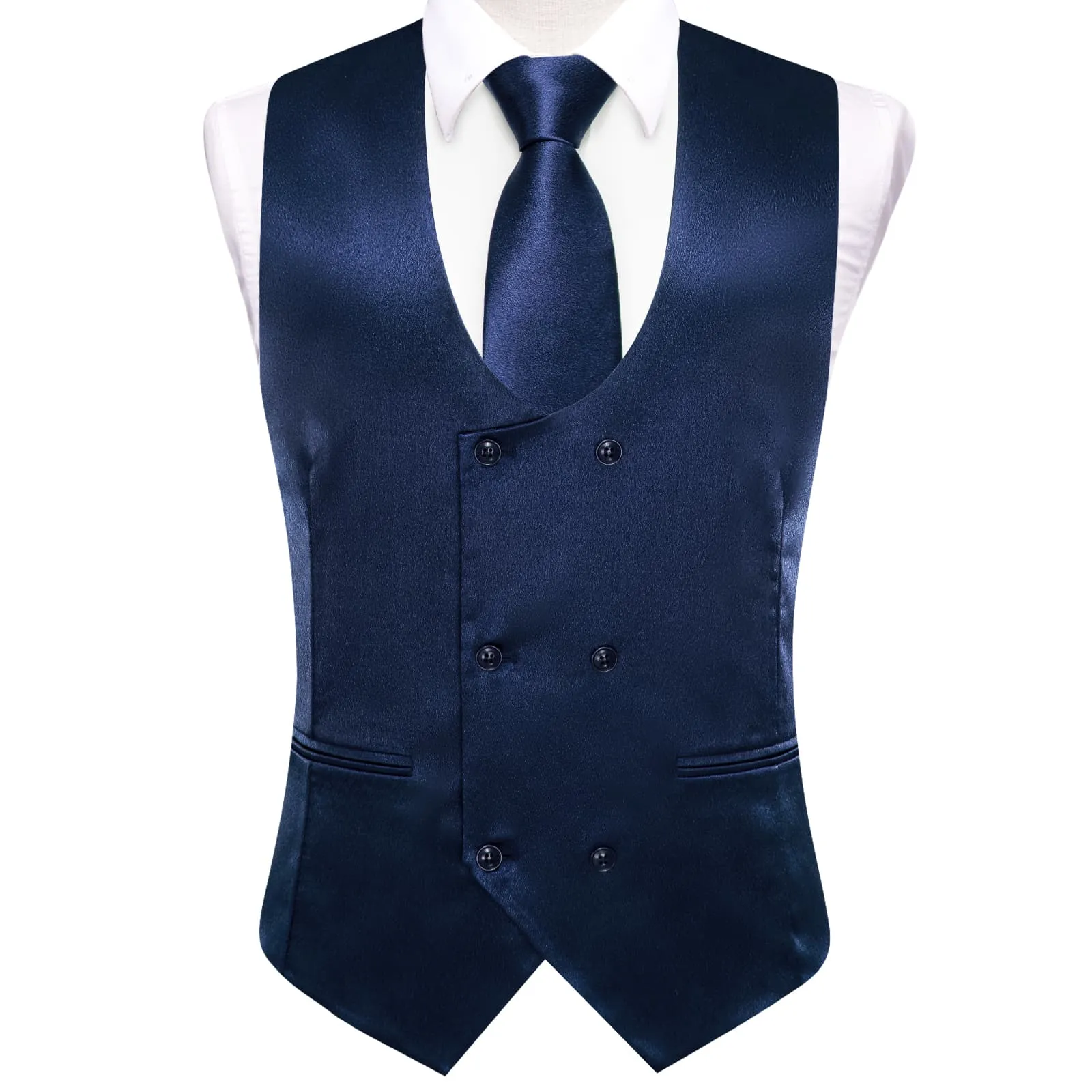 Ties2you Double Breasted Vest Dark Midnight-Blue Solid Mens Silk Vest Tie Bowtie Set 5PC