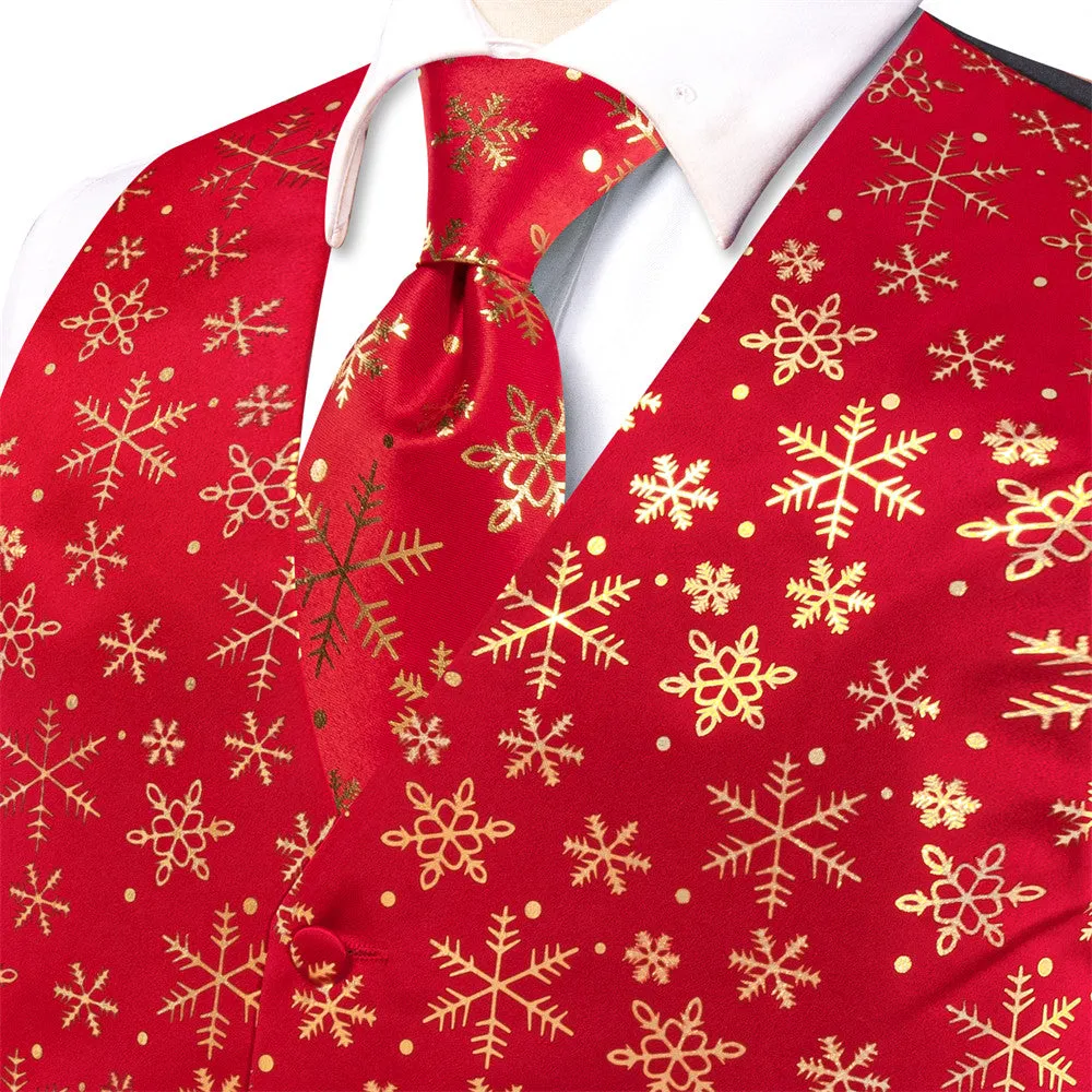 Ties2you Mens Silk Waistcoat Red Gold Snow Christmas Vest Necktie Set