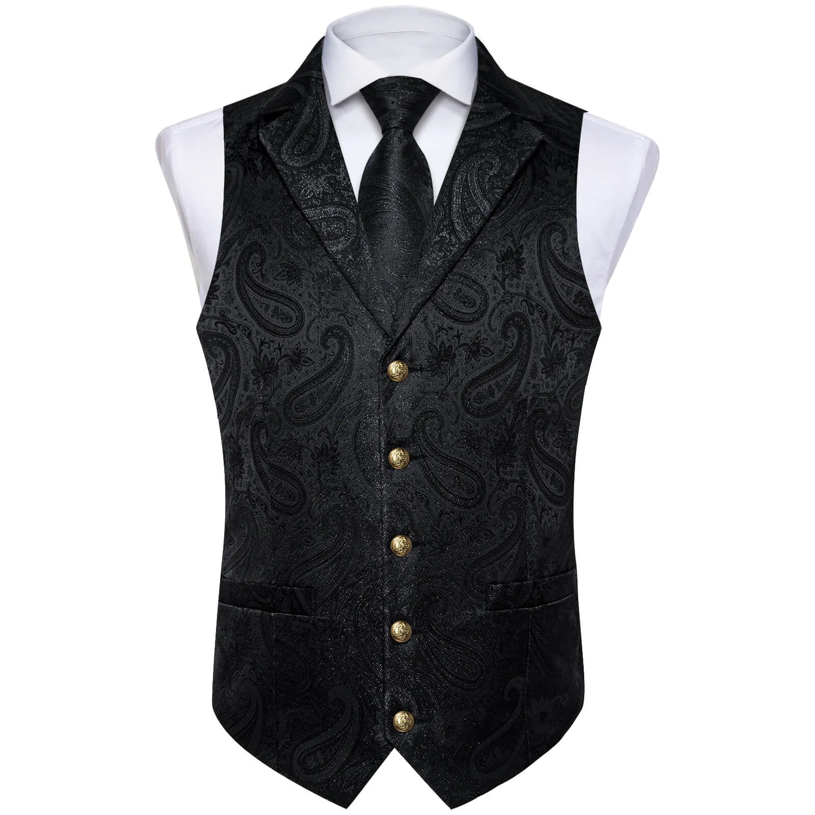 Ties2you Men's Vest Midnight Black Woven Paisley Silk Suit Vest Tie Set