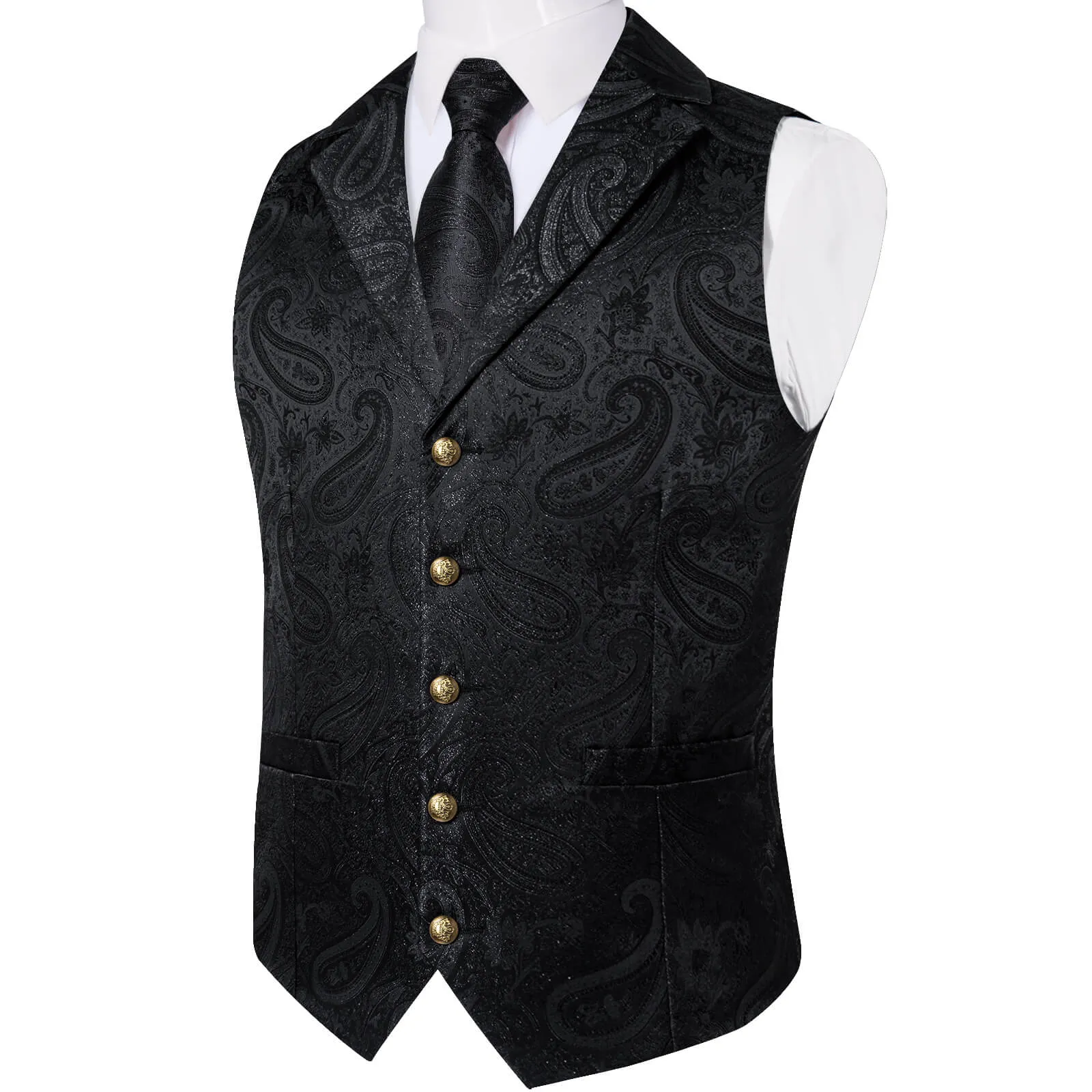 Ties2you Men's Vest Midnight Black Woven Paisley Silk Suit Vest Tie Set