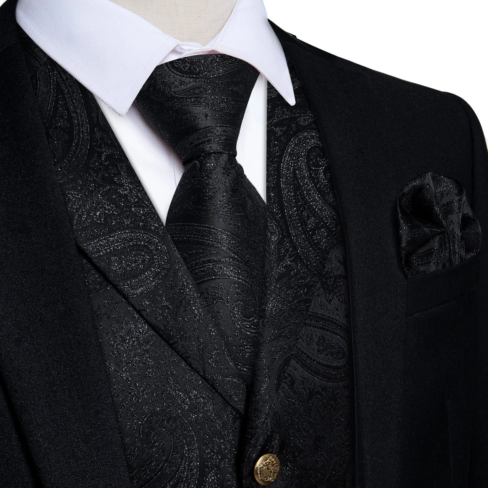 Ties2you Men's Vest Midnight Black Woven Paisley Silk Suit Vest Tie Set