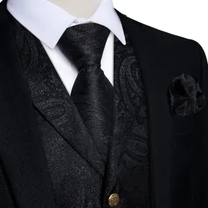 Ties2you Men's Vest Midnight Black Woven Paisley Silk Suit Vest Tie Set