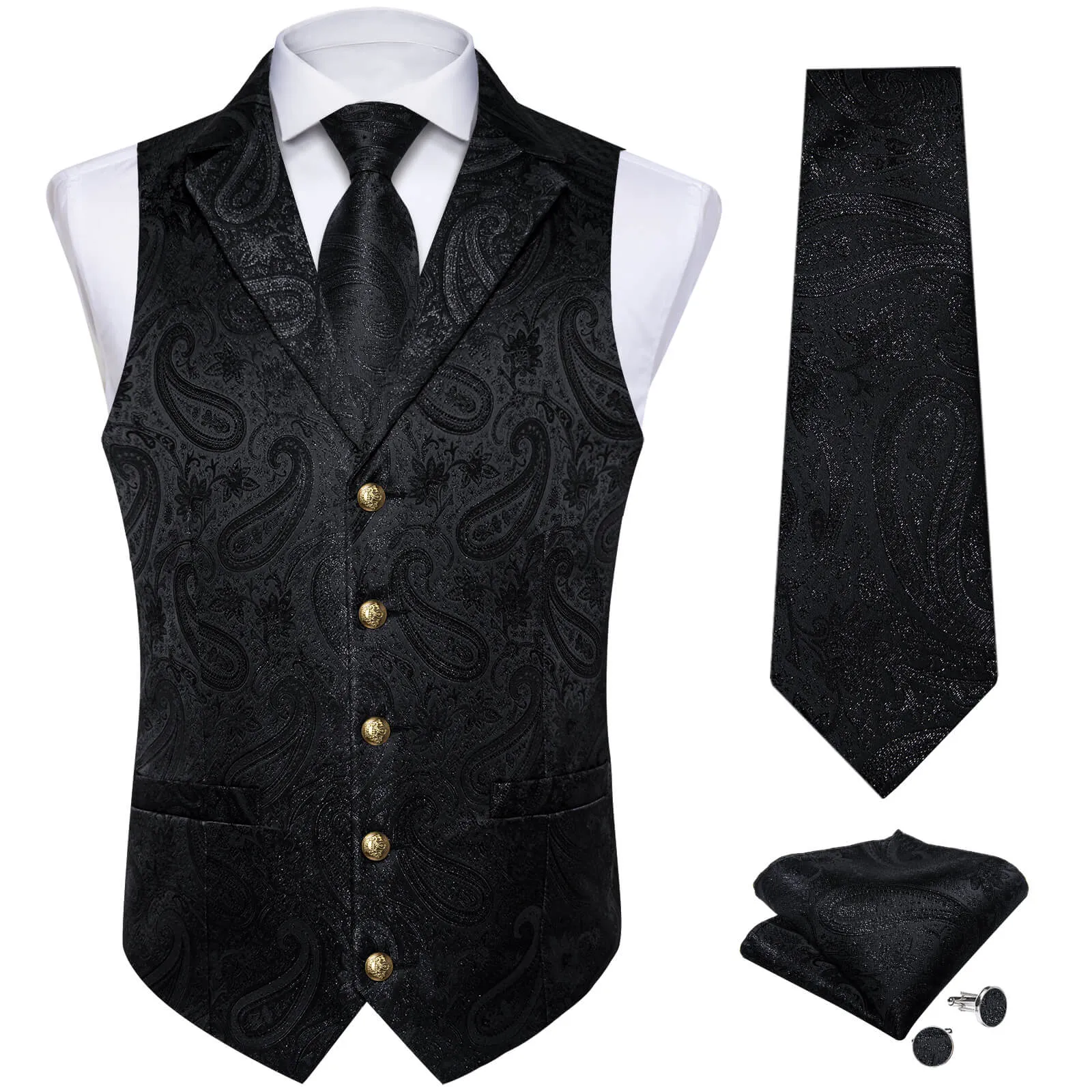 Ties2you Men's Vest Midnight Black Woven Paisley Silk Suit Vest Tie Set