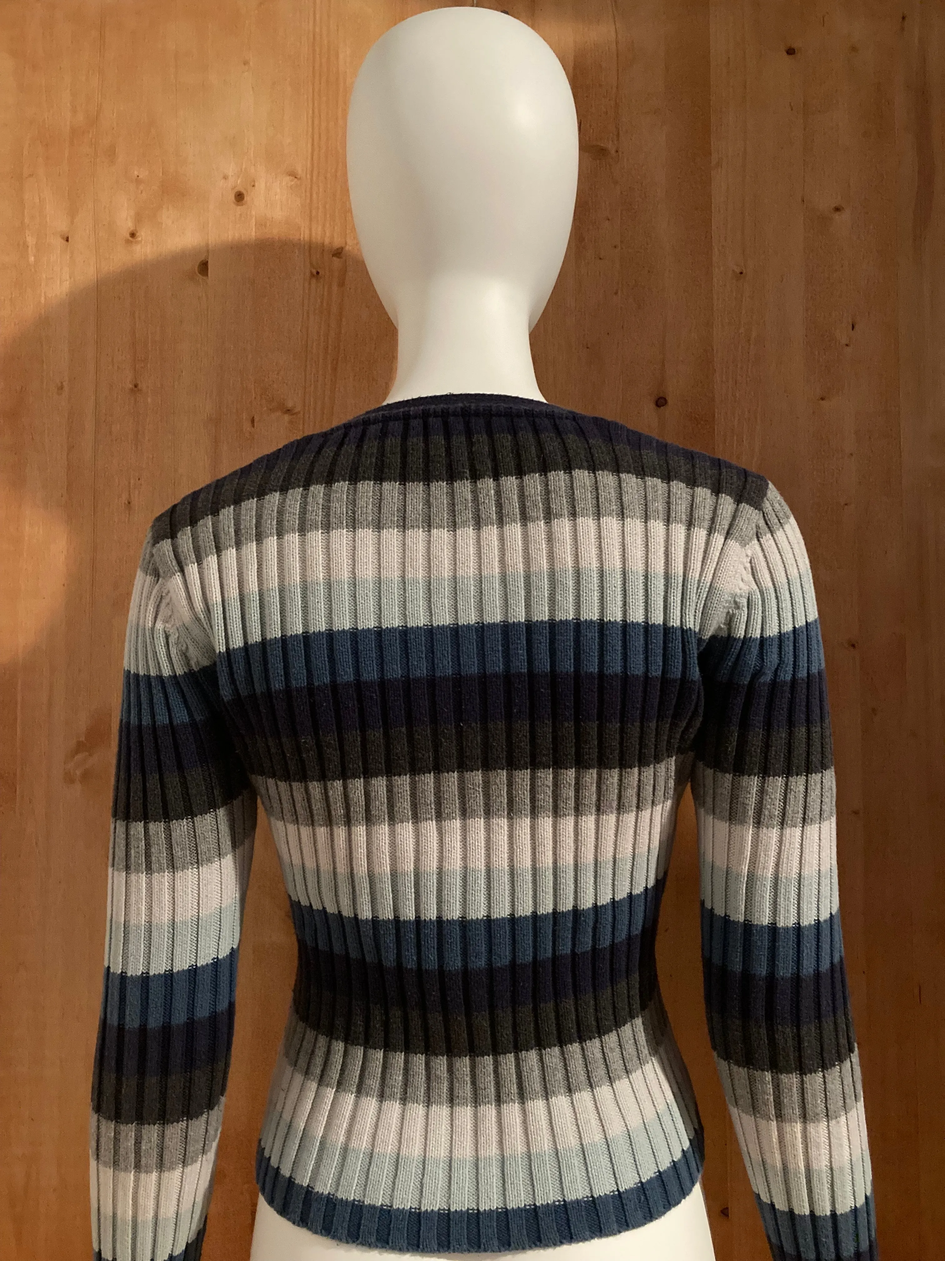 TOMMY HILFIGER VTG VINTAGE Embroidered Logo Adult Women S SM Small Long Sleeve V Neck Striped Sweater 2001