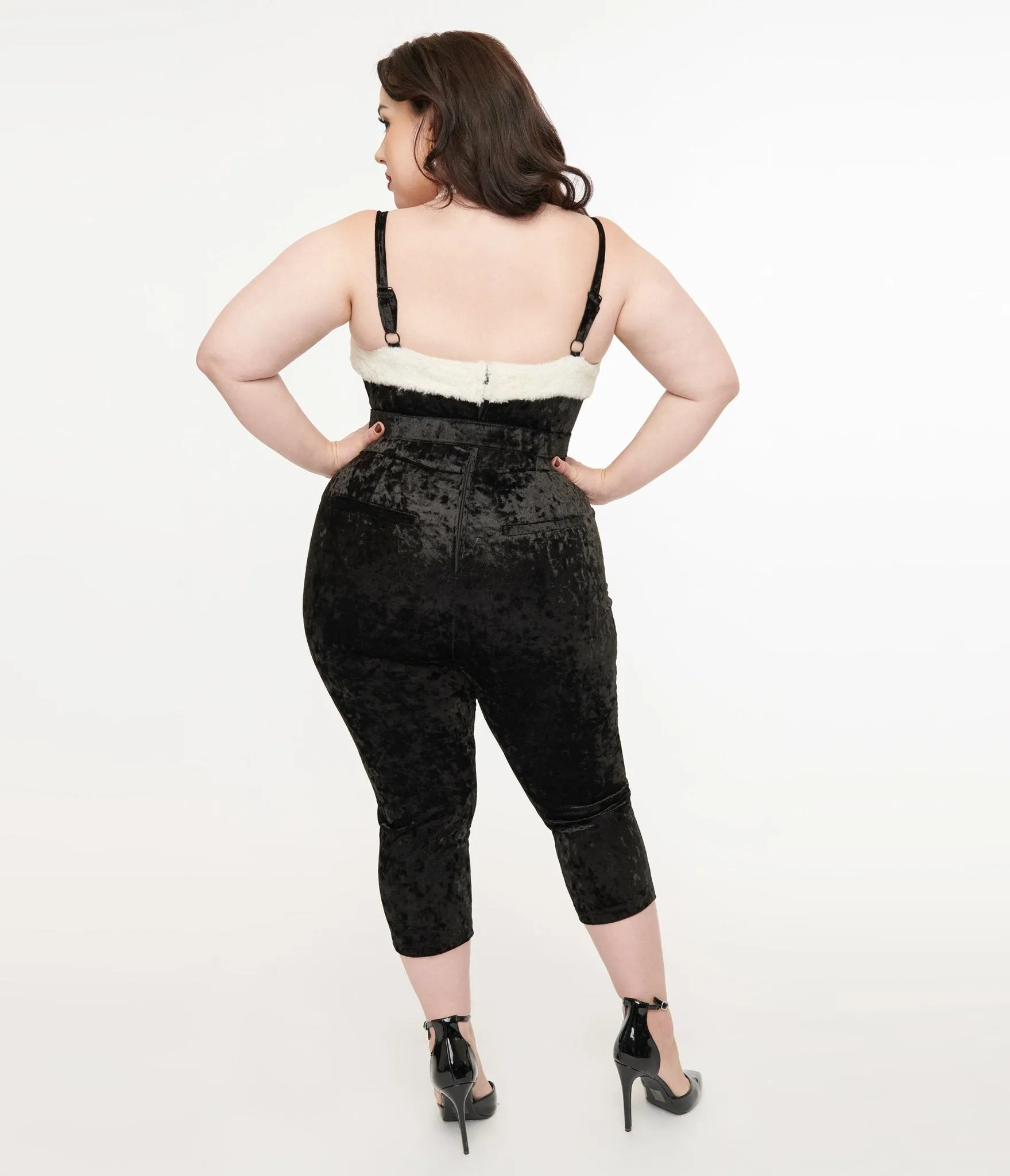 Unique Vintage Plus Size 1950s Black & White Faux Fur Cropped Jumpsuit