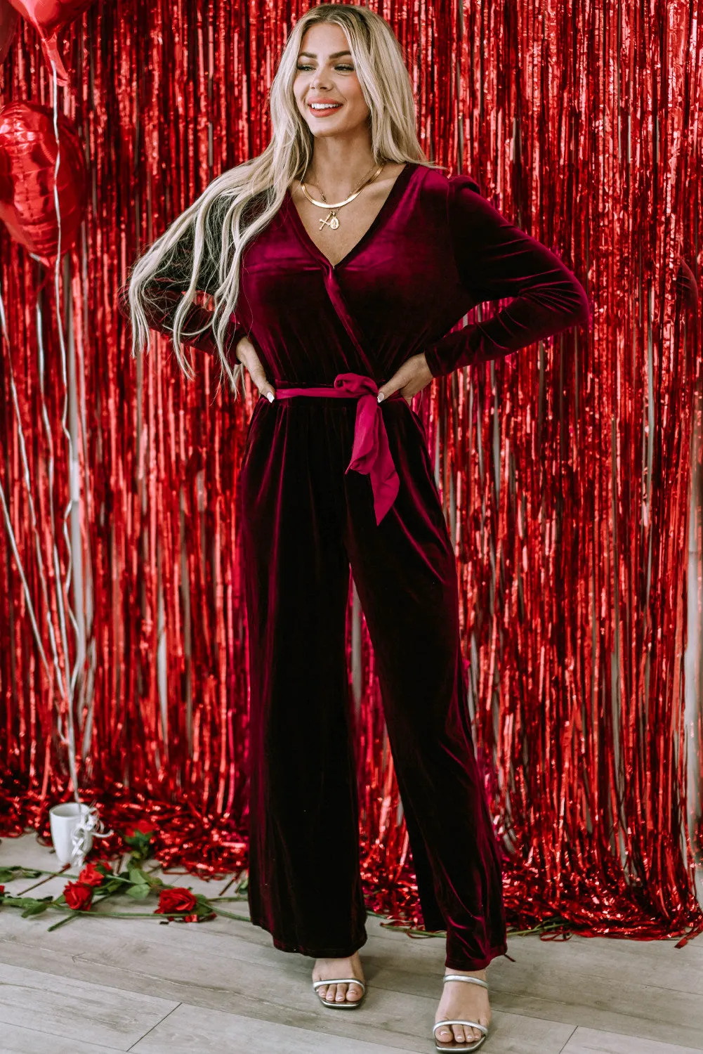 Women's Velvet Pocketed Cut out Back Wide Leg Jumpsuit