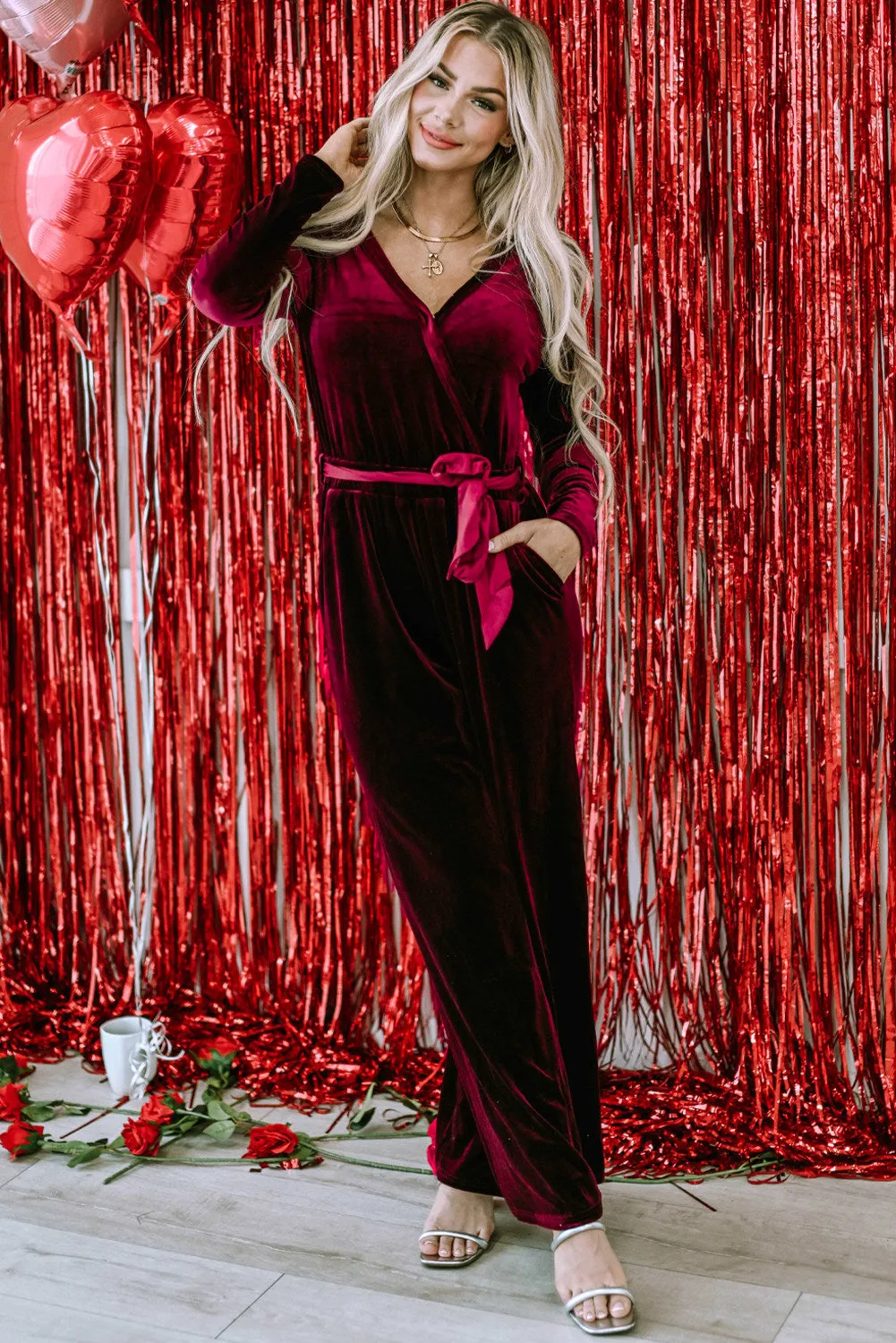 Women's Velvet Pocketed Cut out Back Wide Leg Jumpsuit