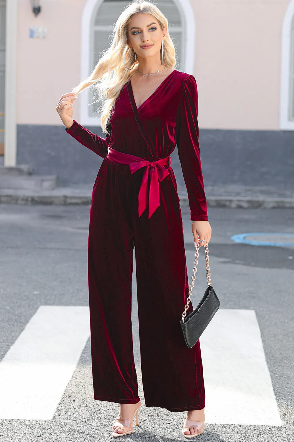 Women's Velvet Pocketed Cut out Back Wide Leg Jumpsuit
