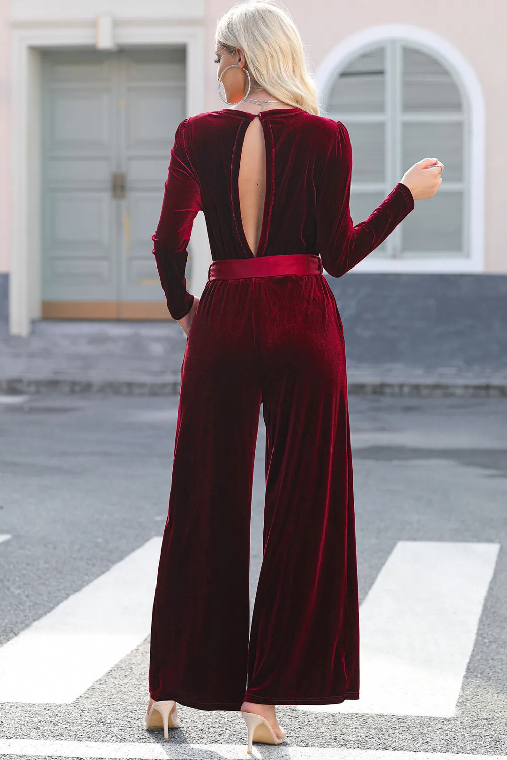 Women's Velvet Pocketed Cut out Back Wide Leg Jumpsuit