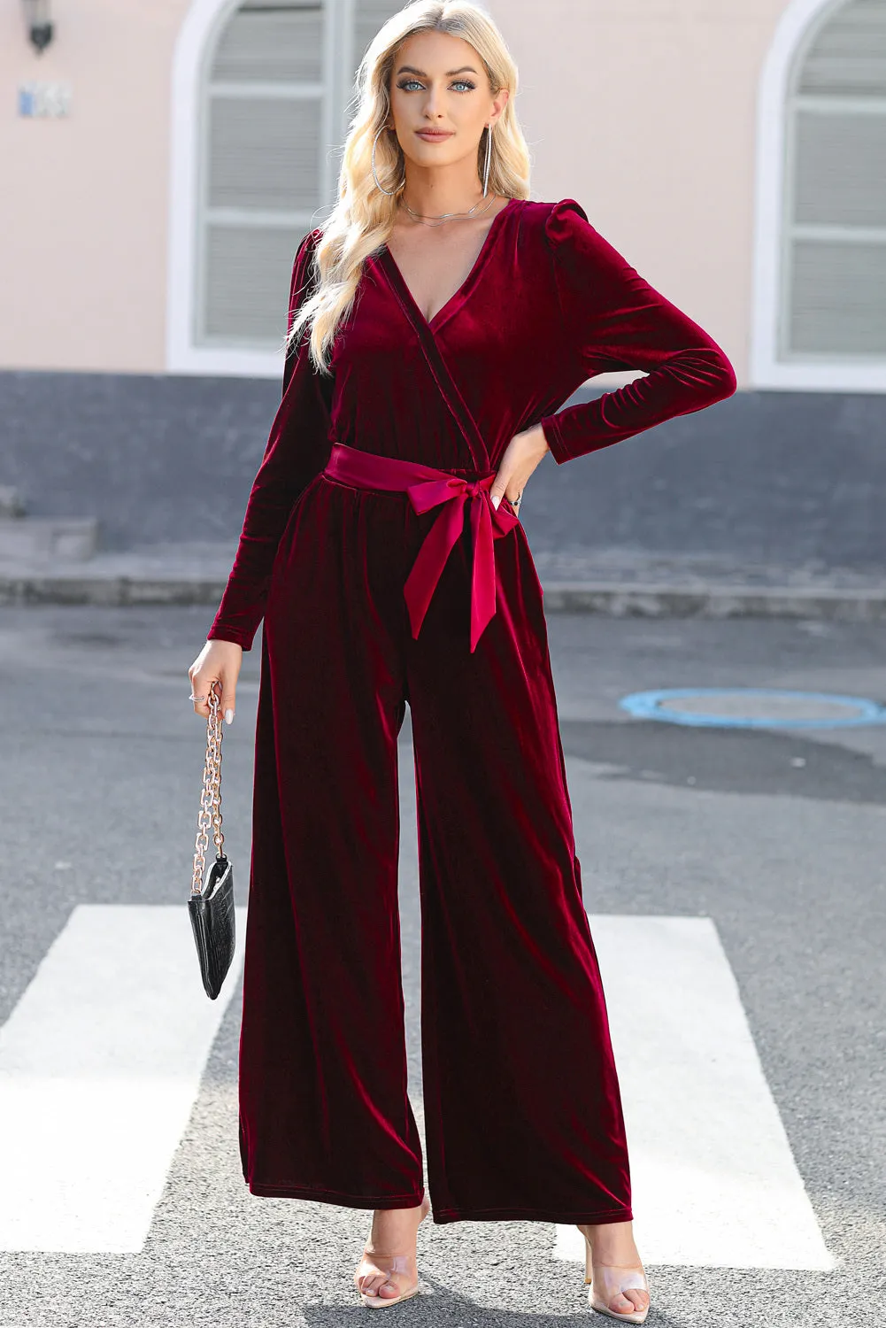 Women's Velvet Pocketed Cut out Back Wide Leg Jumpsuit