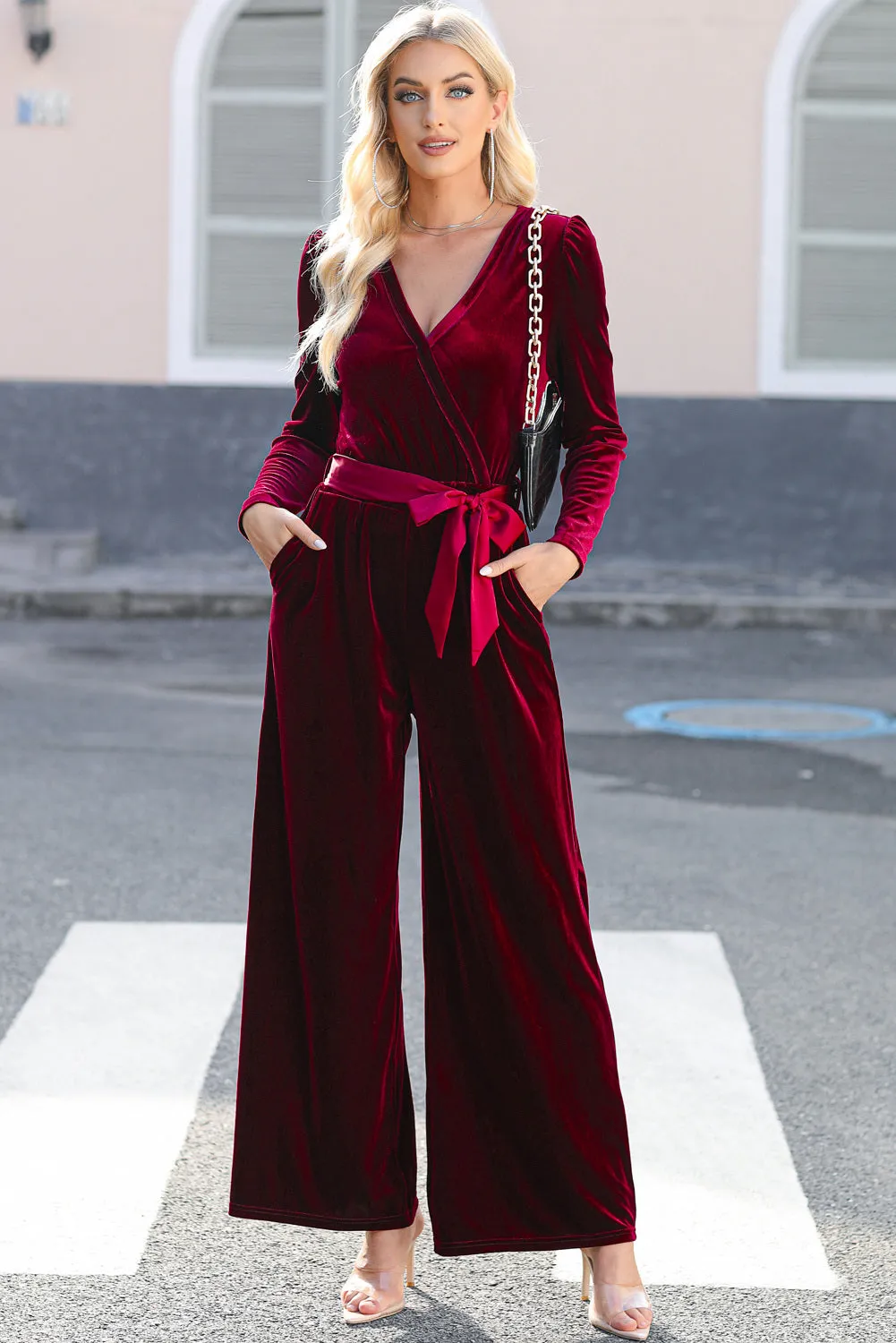 Women's Velvet Pocketed Cut out Back Wide Leg Jumpsuit