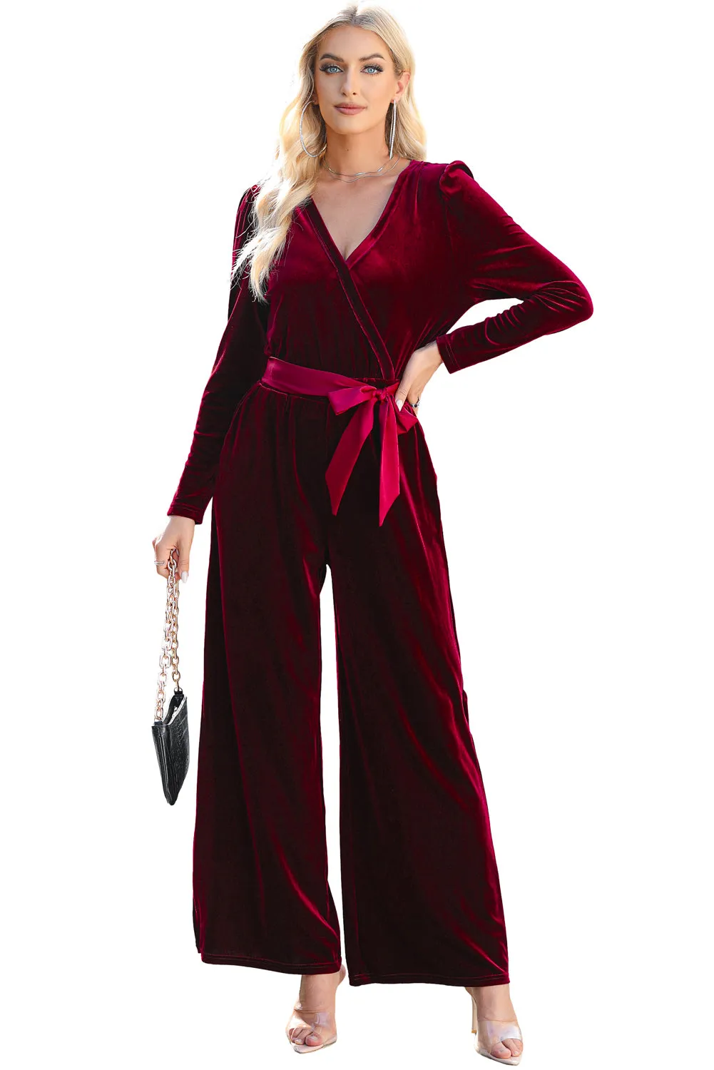 Women's Velvet Pocketed Cut out Back Wide Leg Jumpsuit