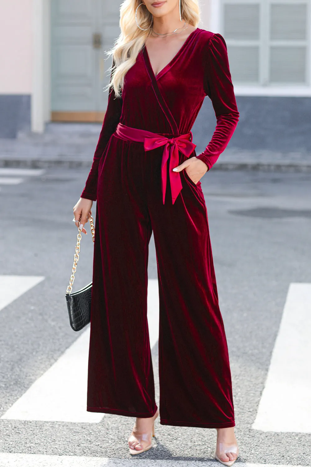 Women's Velvet Pocketed Cut out Back Wide Leg Jumpsuit