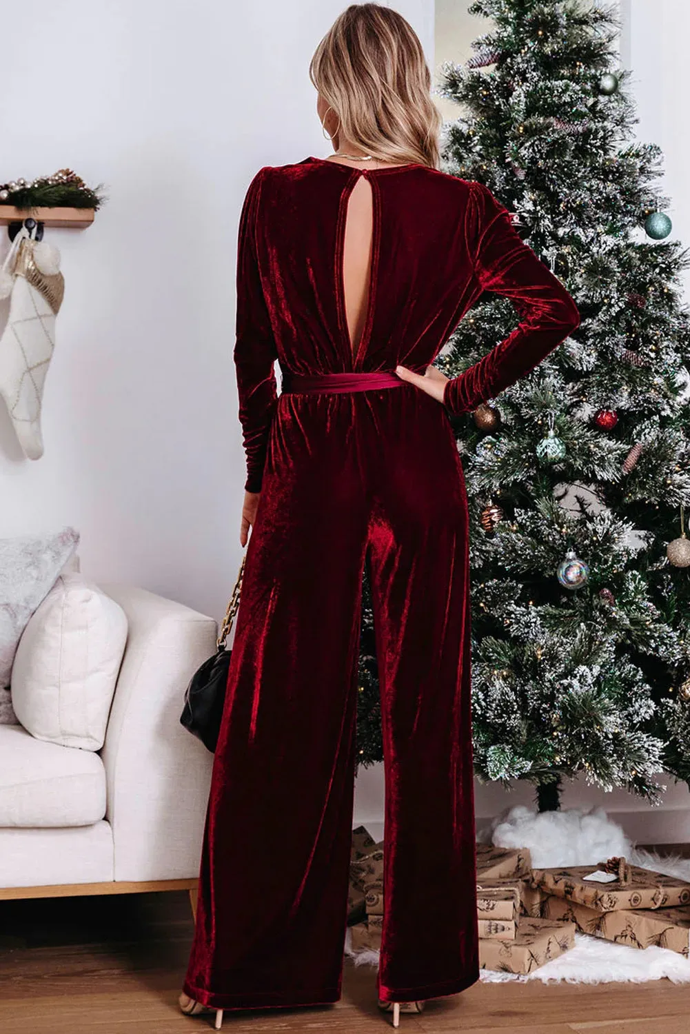 Women's Velvet Pocketed Cut out Back Wide Leg Jumpsuit