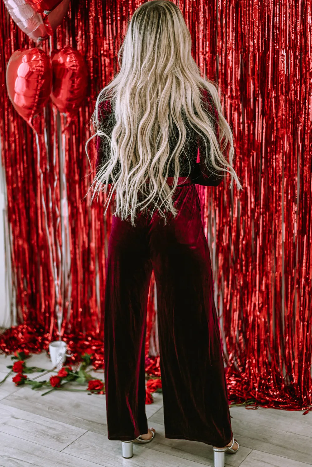 Women's Velvet Pocketed Cut out Back Wide Leg Jumpsuit