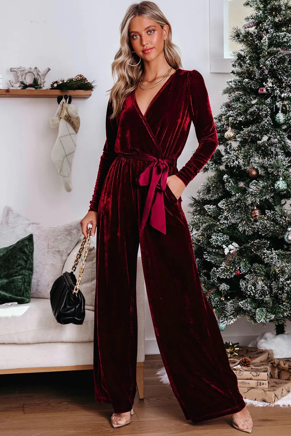 Women's Velvet Pocketed Cut out Back Wide Leg Jumpsuit