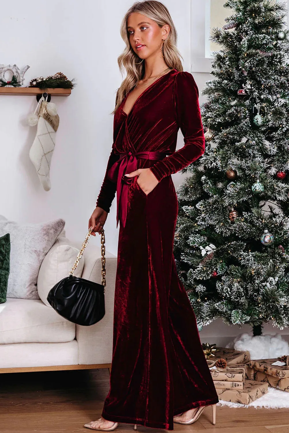 Women's Velvet Pocketed Cut out Back Wide Leg Jumpsuit