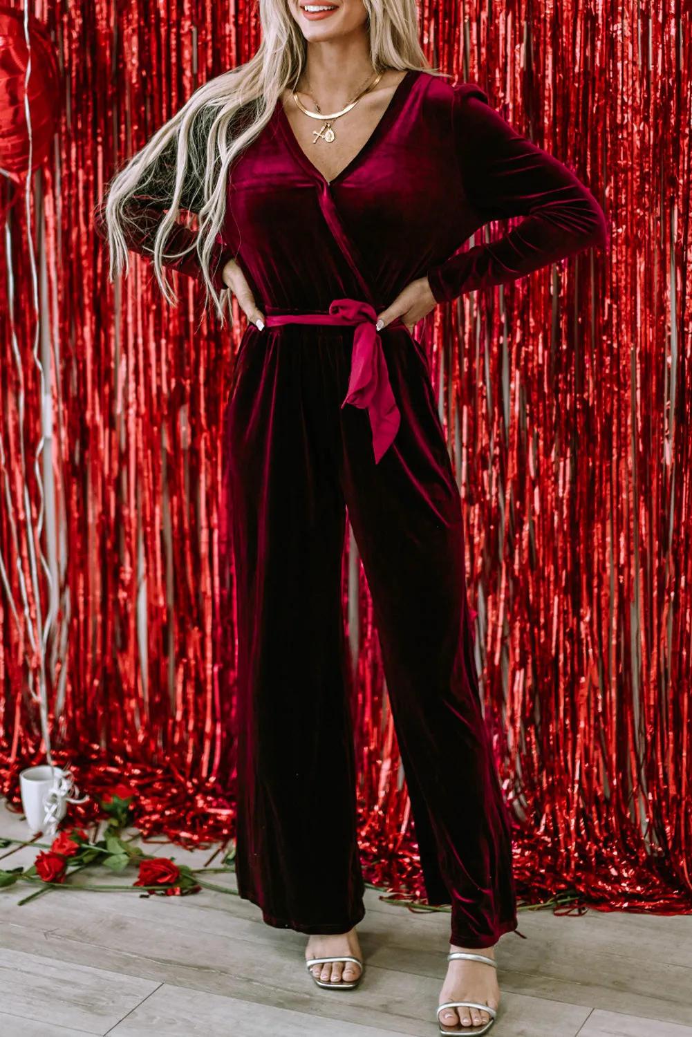 Women's Velvet Pocketed Cut out Back Wide Leg Jumpsuit