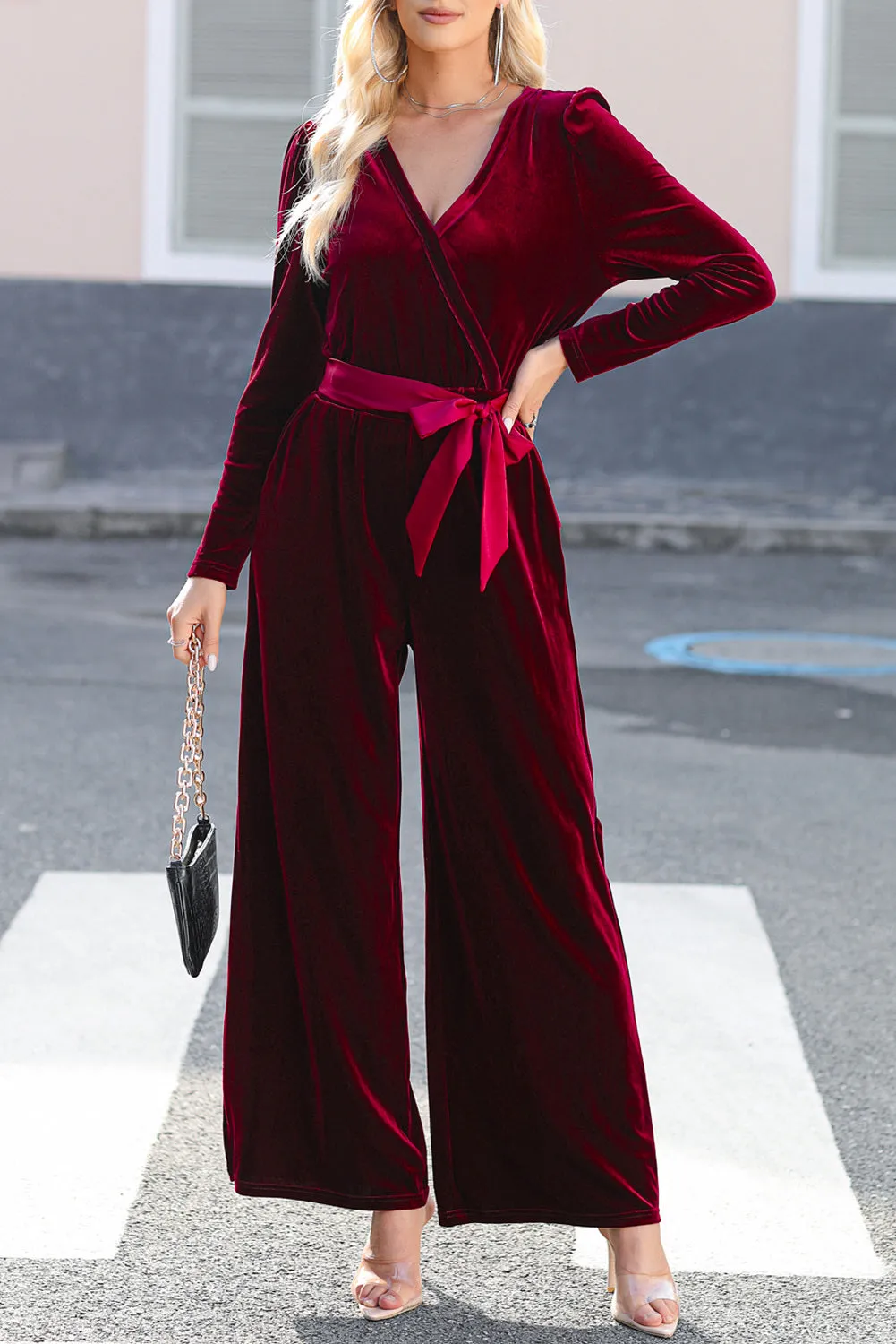Women's Velvet Pocketed Cut out Back Wide Leg Jumpsuit